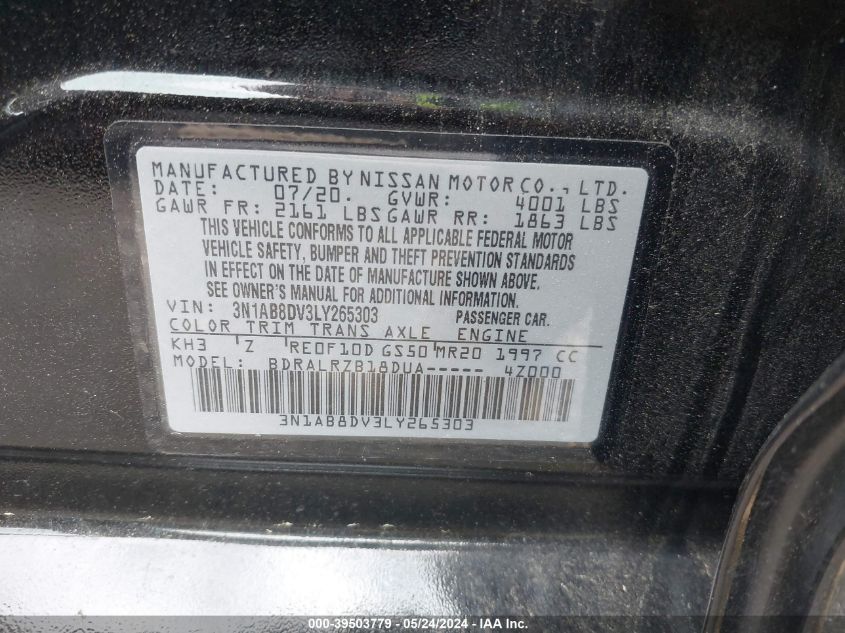 2020 Nissan Sentra Sr Xtronic Cvt VIN: 3N1AB8DV3LY265303 Lot: 39503779