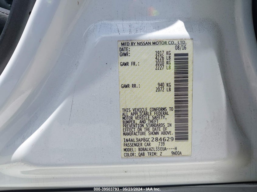 2016 Nissan Altima 2.5 Sr VIN: 1N4AL3AP8GC284629 Lot: 39503793