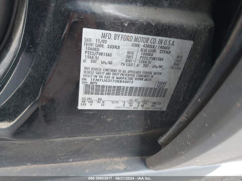 2003 Ford Escape Xlt VIN: 1FMYU03173KB44015 Lot: 39503817