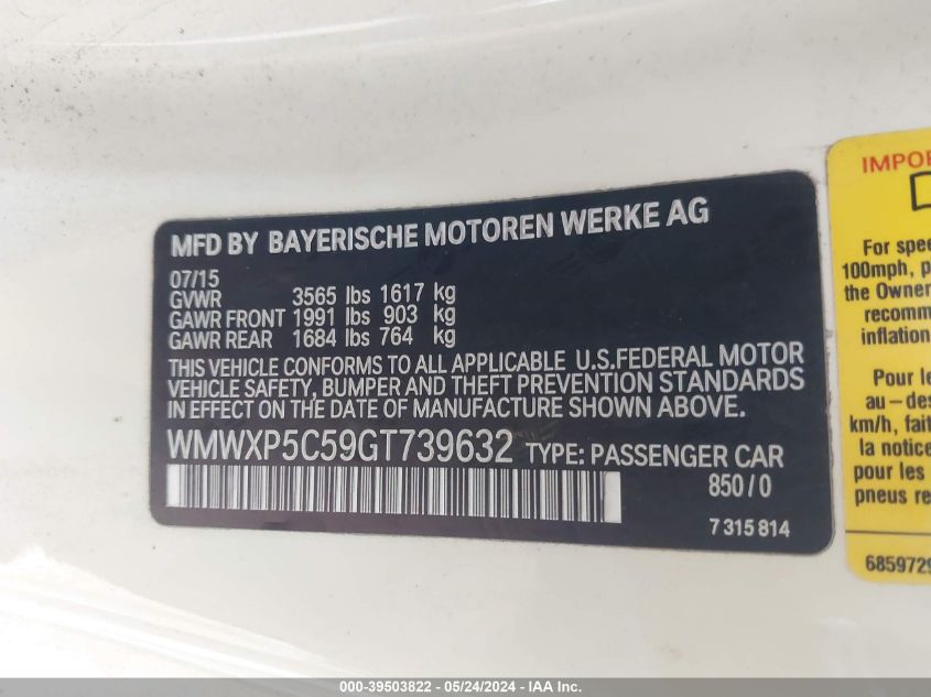 2016 MINI HARDTOP COOPER - WMWXP5C59GT739632