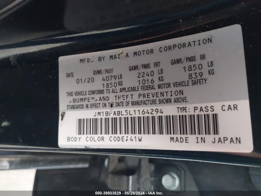 2020 Mazda Mazda3 VIN: JM1BPABL5L1164294 Lot: 39503829
