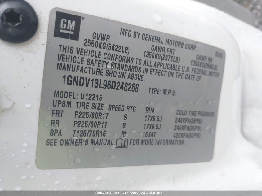 2006 Chevrolet Uplander Cargo VIN: 1GNDV13L96D248268 Lot: 39503833