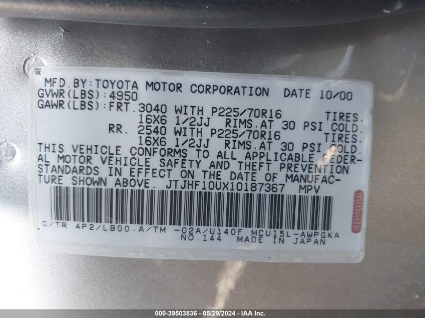 2001 Lexus Rx 300 VIN: JTJHF10UX10187367 Lot: 39503836