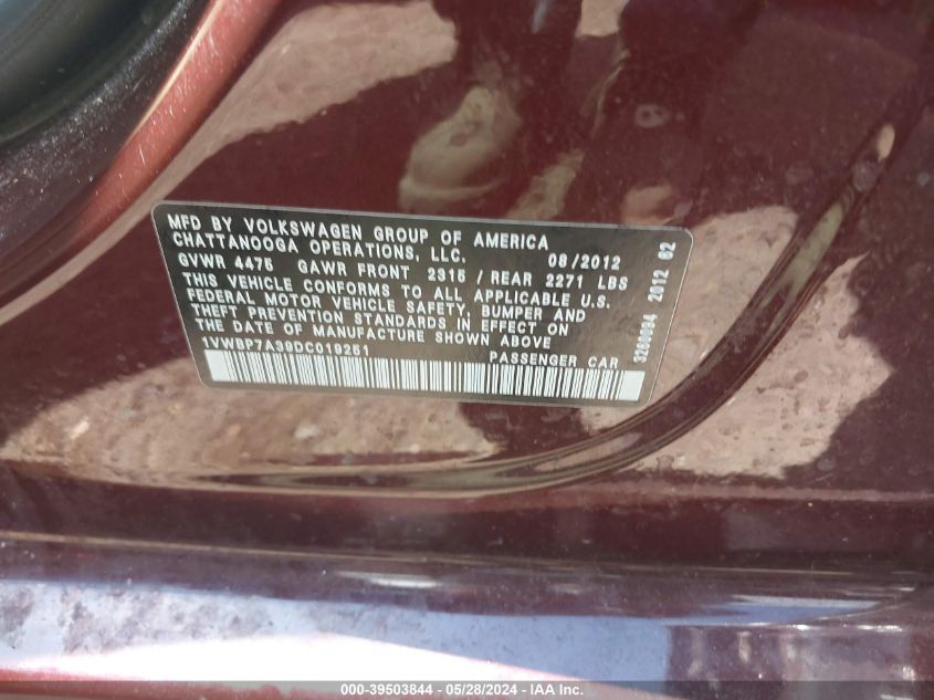 2013 Volkswagen Passat 2.5L Se VIN: 1VWBP7A39DC019251 Lot: 39503844