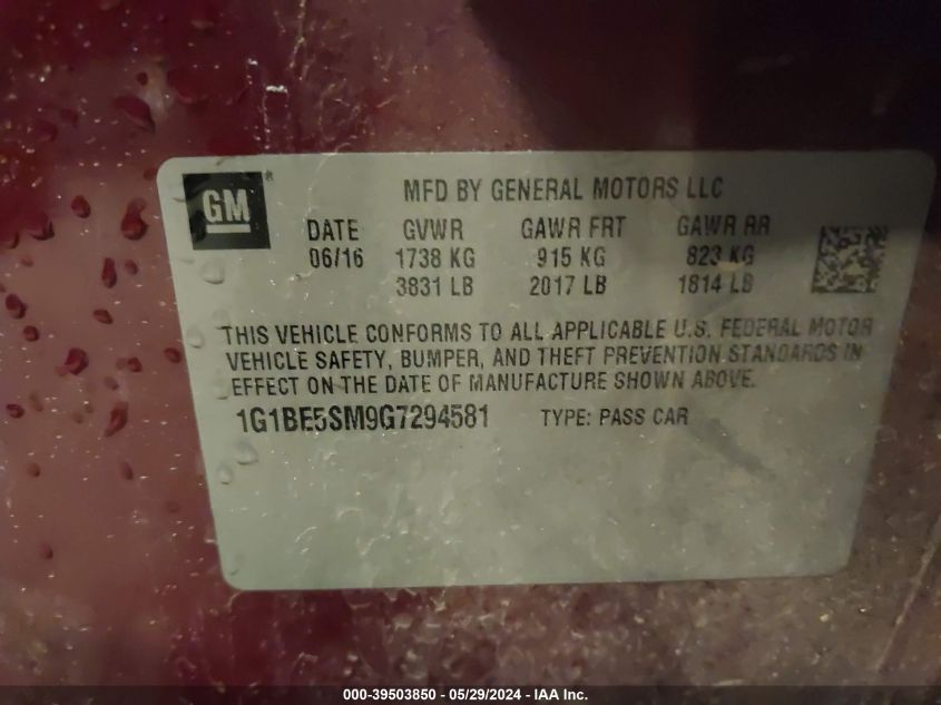 2016 Chevrolet Cruze Lt Auto VIN: 1G1BE5SM9G7294581 Lot: 39503850
