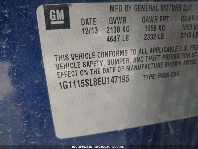 2014 Chevrolet Impala 1Lt VIN: 1G1115SL8EU147195 Lot: 39503858