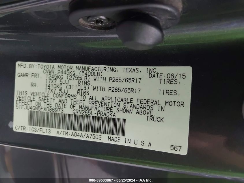 2015 Toyota Tacoma Prerunner V6 VIN: 5TFJU4GN5FX086973 Lot: 39503867