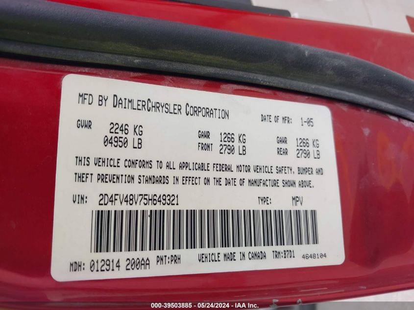 2005 Dodge Magnum Se VIN: 2D4FV48V75H649321 Lot: 39503885