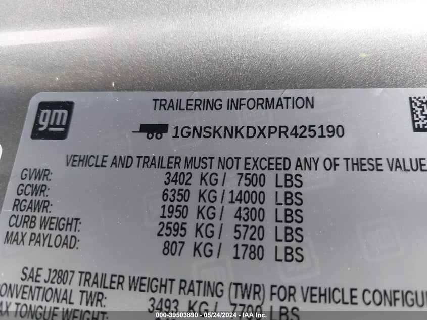 2023 Chevrolet Tahoe 4Wd Lt VIN: 1GNSKNKDXPR425190 Lot: 39503890