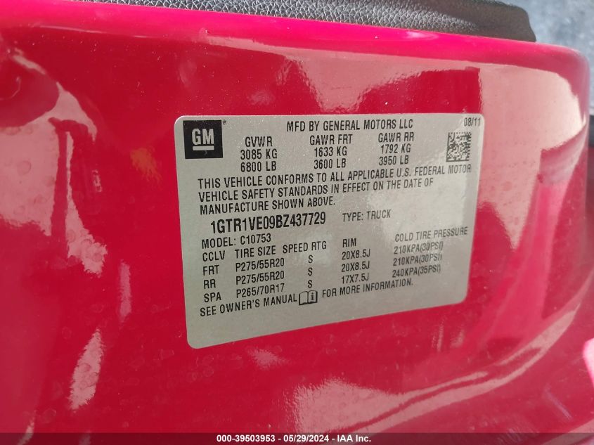 2011 GMC Sierra 1500 Sle VIN: 1GTR1VE09BZ437729 Lot: 39503953