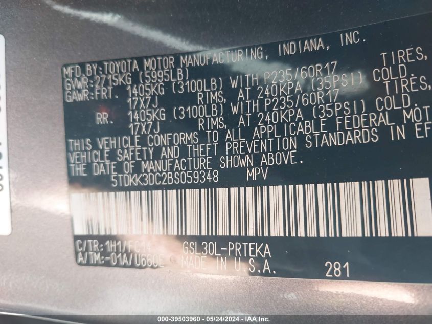 2011 Toyota Sienna Le V6 VIN: 5TDKK3DC2BF059348 Lot: 39503960