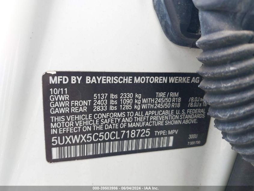 2012 BMW X3 xDrive28I VIN: 5UXWX5C50CL718725 Lot: 39503986