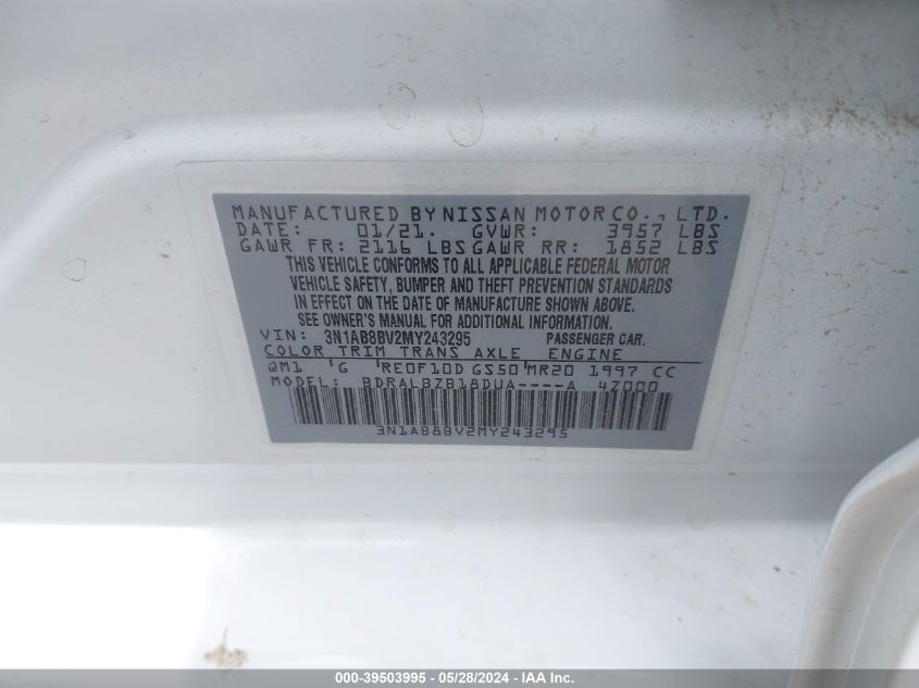 2021 Nissan Sentra S Xtronic Cvt VIN: 3N1AB8BV2MY243295 Lot: 39503995