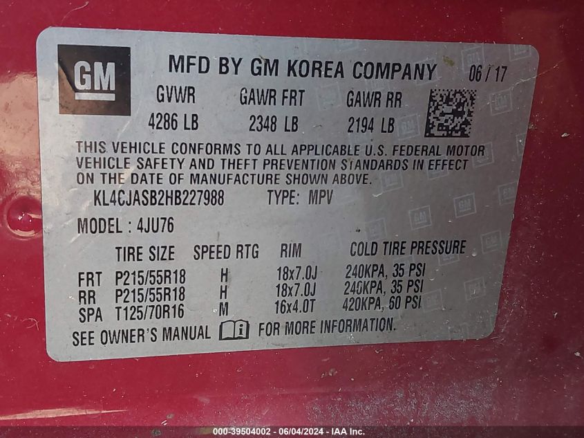 2017 Buick Encore Preferred VIN: KL4CJASB2HB227988 Lot: 39504002