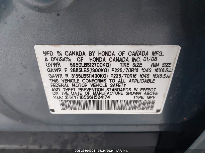 2006 Honda Pilot Ex-L VIN: 2HKYF18566H524174 Lot: 39504004