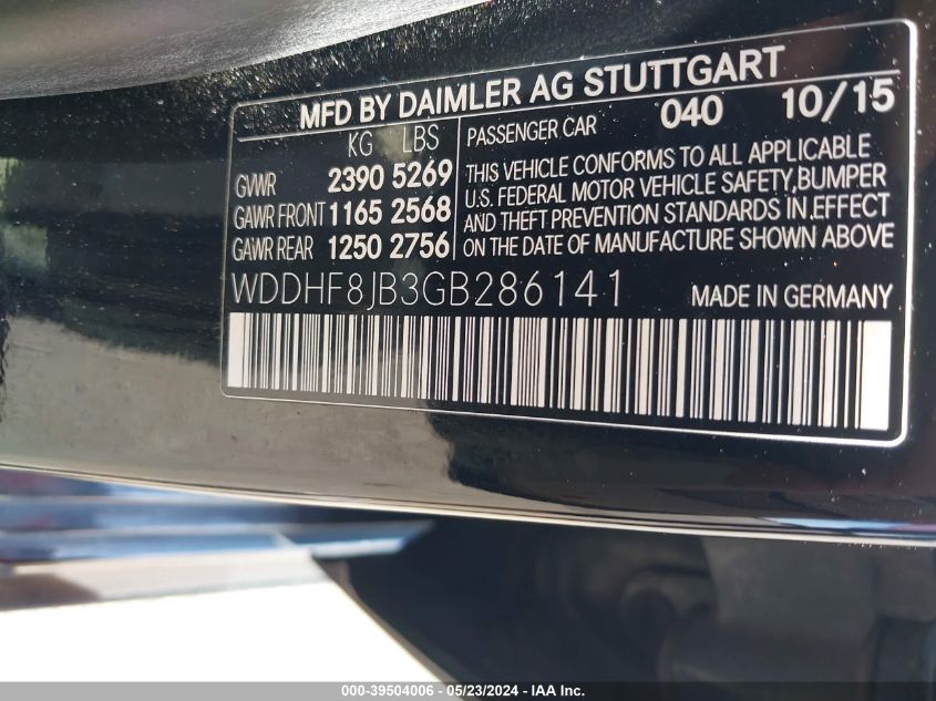 2016 Mercedes-Benz E 350 4Matic VIN: WDDHF8JB3GB286141 Lot: 39504006