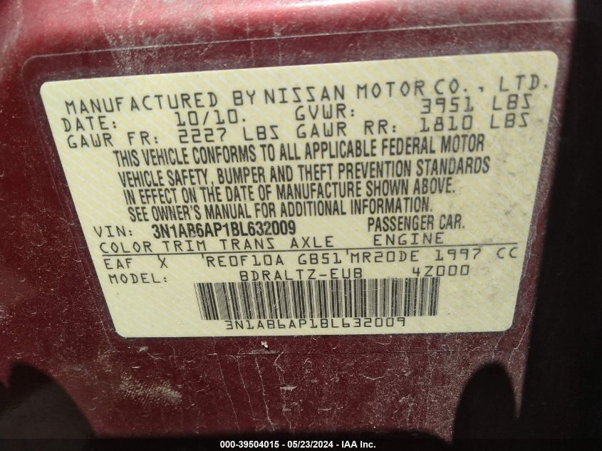 2011 Nissan Sentra 2.0Sr VIN: 3N1AB6AP1BL632009 Lot: 39504015