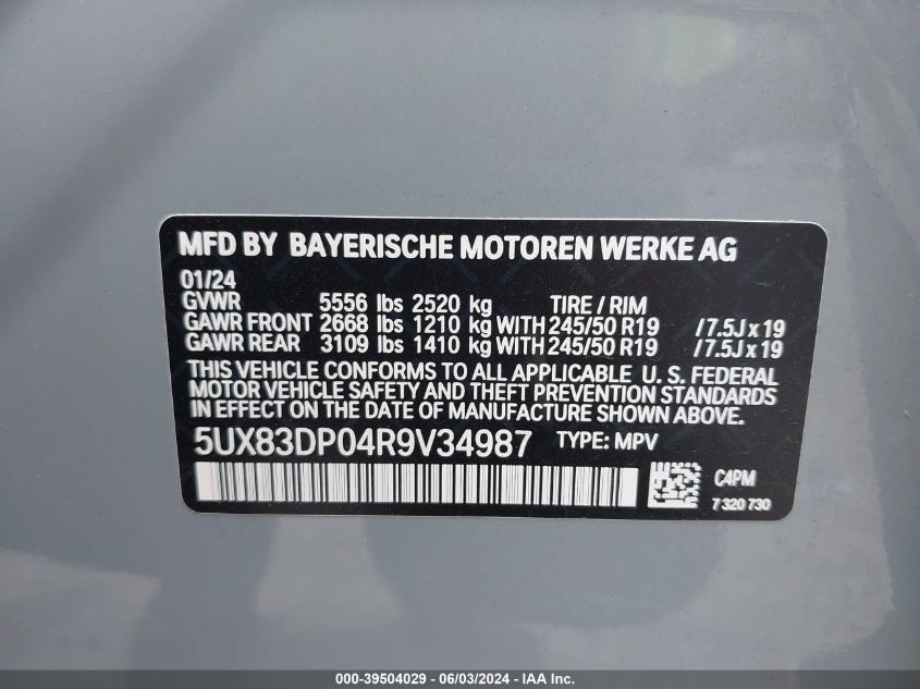 2024 BMW X3 M40I VIN: 5UX83DP04R9V34987 Lot: 39504029