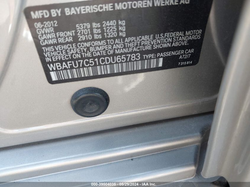 2012 BMW 535I xDrive VIN: WBAFU7C51CDU65783 Lot: 39504035