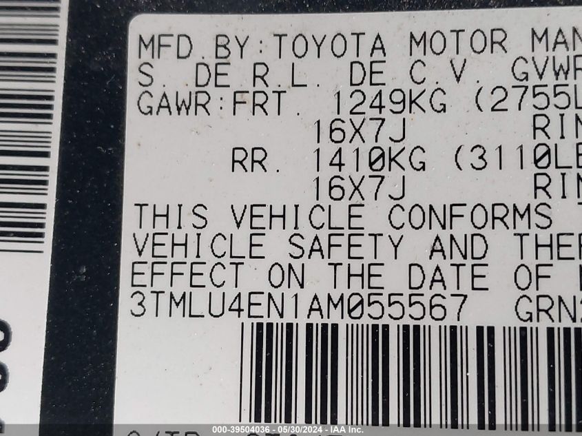 2010 Toyota Tacoma Double Cab VIN: 3TMLU4EN1AM055567 Lot: 39504036