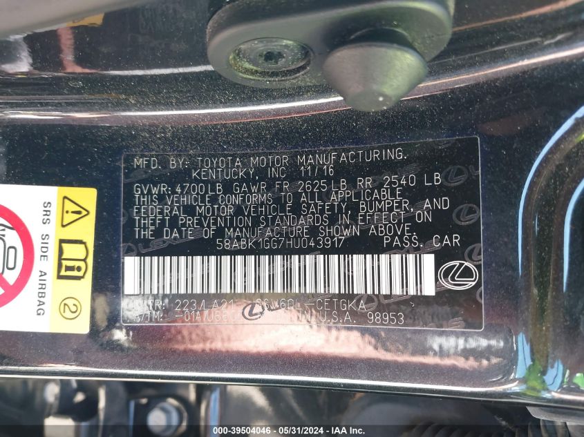 2017 Lexus Es 350 VIN: 58ABK1GG7HU043917 Lot: 39504046