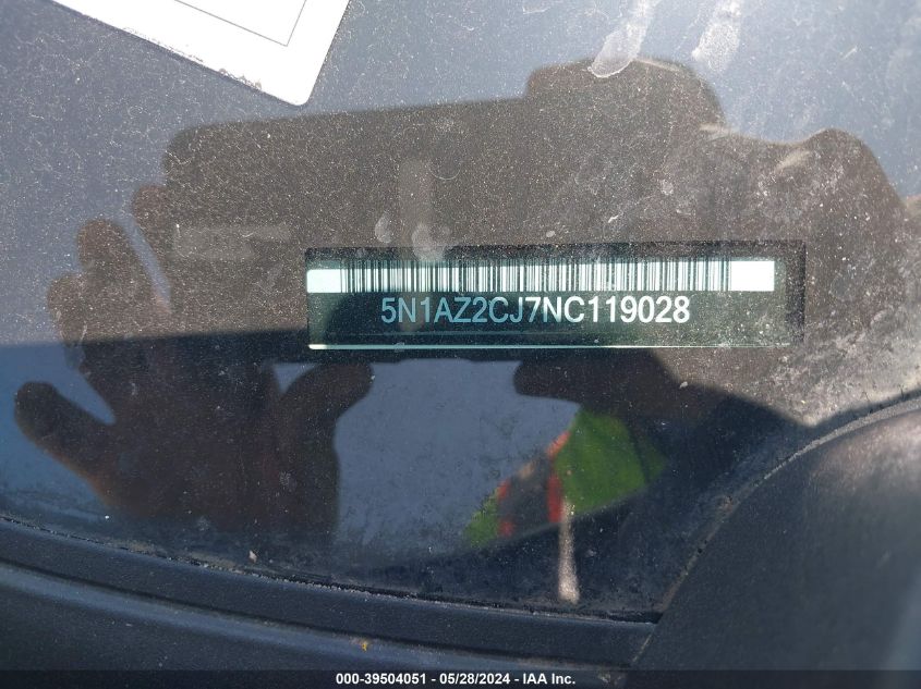 2022 Nissan Murano Sl Fwd VIN: 5N1AZ2CJ7NC119028 Lot: 39504051