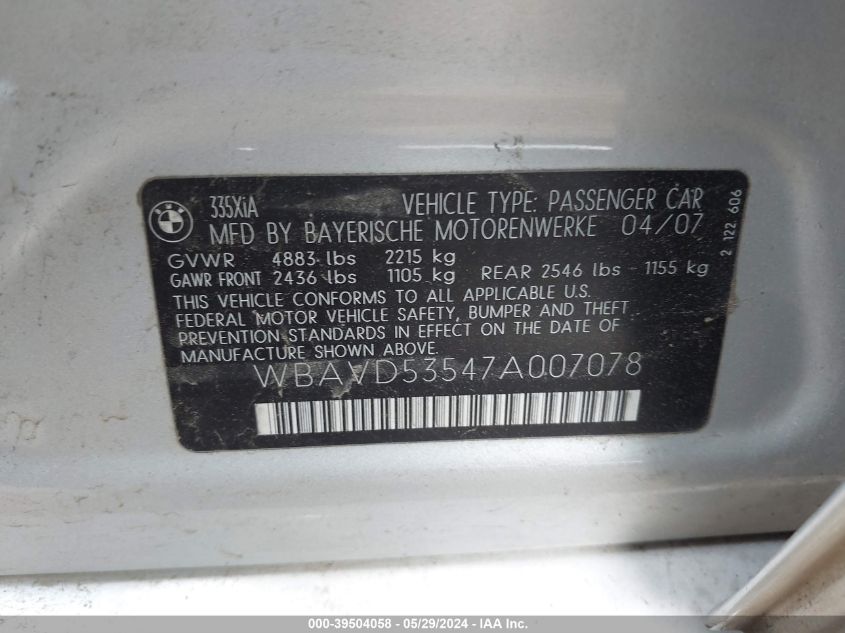 2007 BMW 335Xi VIN: WBAVD53547A007078 Lot: 39504058