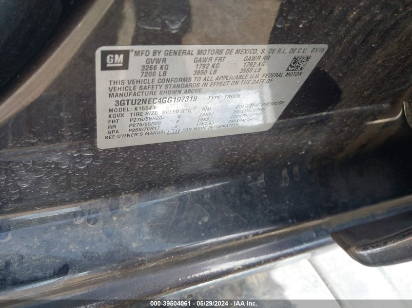 2016 GMC Sierra 1500 Slt VIN: 3GTU2NEC4GG197319 Lot: 39504061