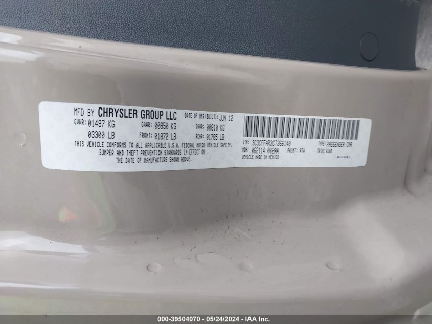 2012 Fiat 500 Pop VIN: 3C3CFFAR3CT366140 Lot: 39504070