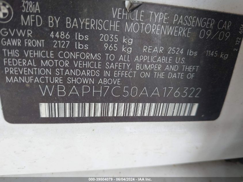 2010 BMW 328I VIN: WBAPH7C50AA176322 Lot: 39504079