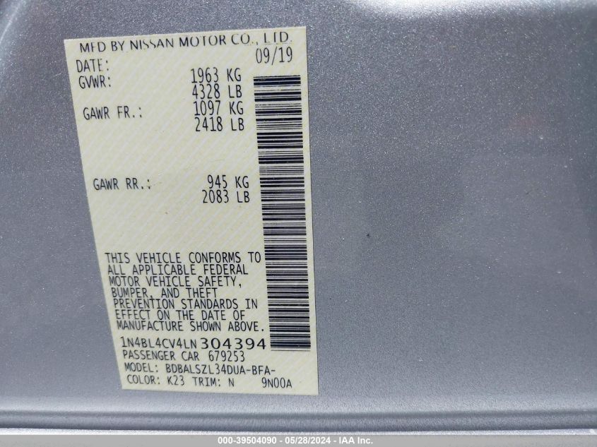 2020 Nissan Altima Sr Fwd VIN: 1N4BL4CV4LN304394 Lot: 39504090