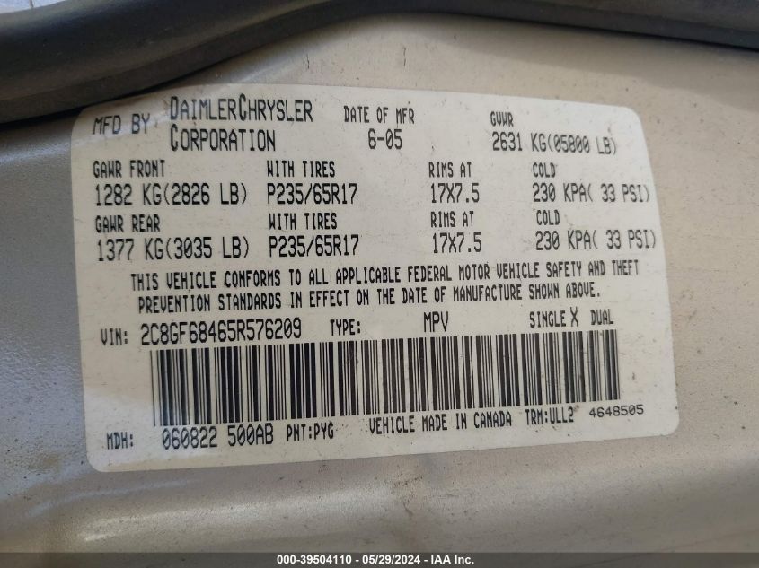 2005 Chrysler Pacifica Touring VIN: 2C8GF68465R576209 Lot: 39504110