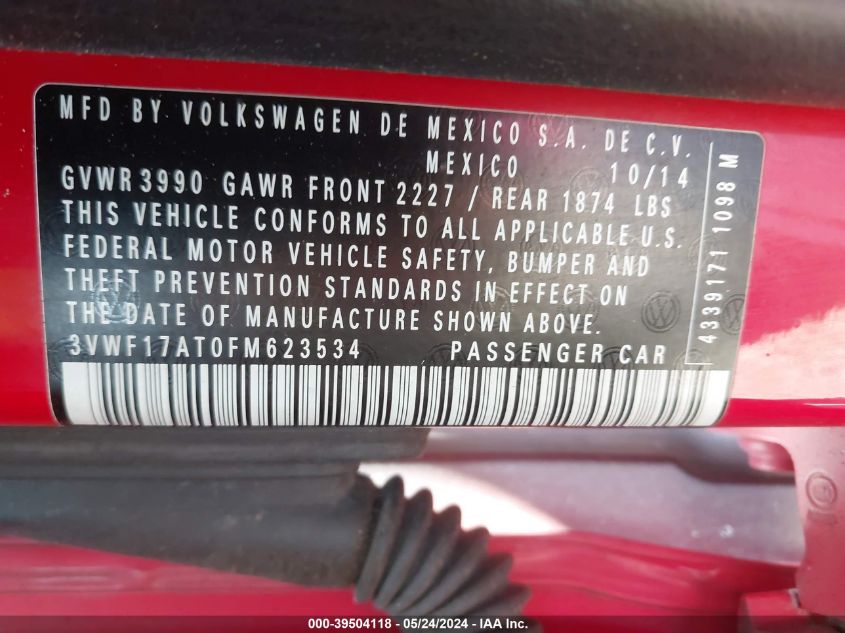 2015 Volkswagen Beetle 1.8T Fleet Edition VIN: 3VWF17AT0FM623534 Lot: 39504118