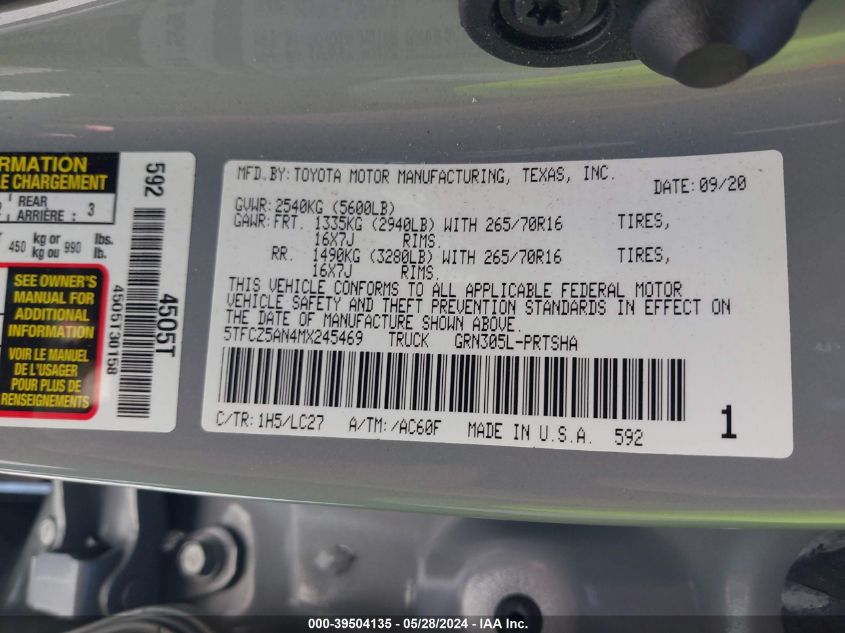 2021 Toyota Tacoma Trd Off-Road VIN: 5TFCZ5AN4MX245469 Lot: 39504135