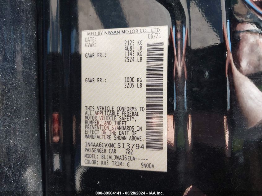 2021 Nissan Maxima Sv Xtronic Cvt VIN: 1N4AA6CVXMC513794 Lot: 39504141