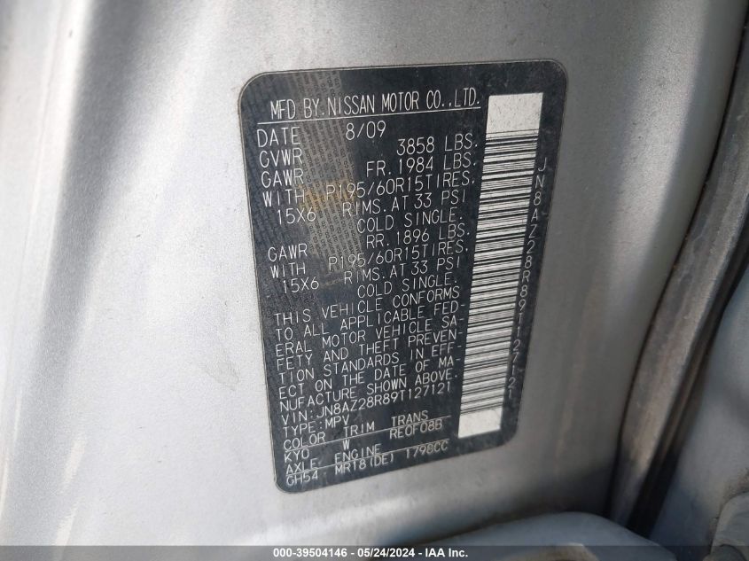 2009 Nissan Cube 1.8S VIN: JN8AZ28R89T127121 Lot: 39504146