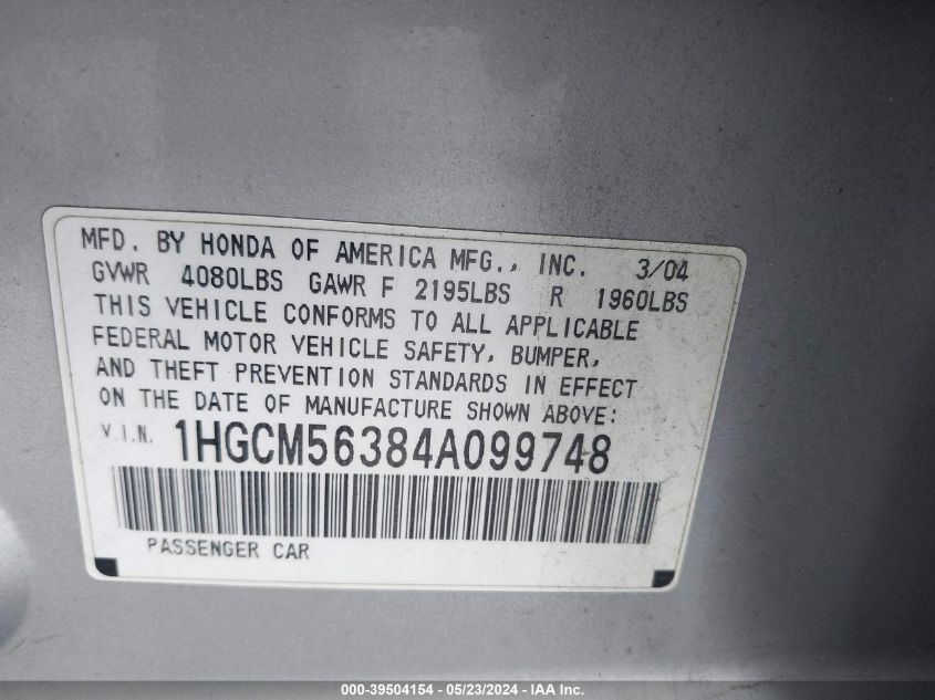 2004 Honda Accord 2.4 Lx VIN: 1HGCM56384A099748 Lot: 39504154
