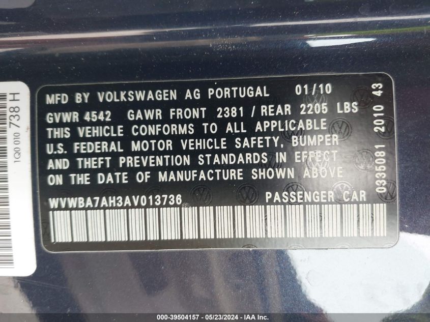 2010 Volkswagen Eos Komfort VIN: WVWBA7AH3AV013736 Lot: 39504157