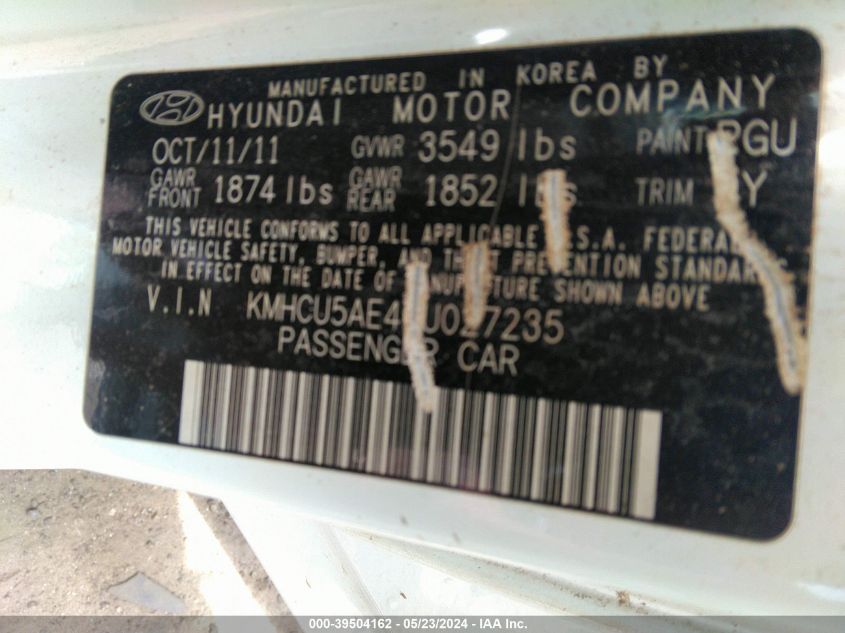 2012 Hyundai Accent Se VIN: KMHCU5AE4CU027235 Lot: 39504162