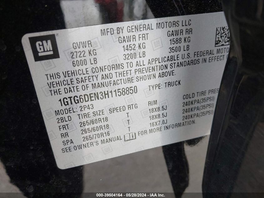 2017 GMC Canyon Slt VIN: 1GTG6DEN3H1158850 Lot: 39504164