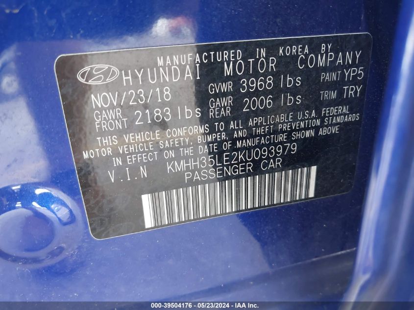 2019 Hyundai Elantra Gt VIN: KMHH35LE2KU093979 Lot: 39504176