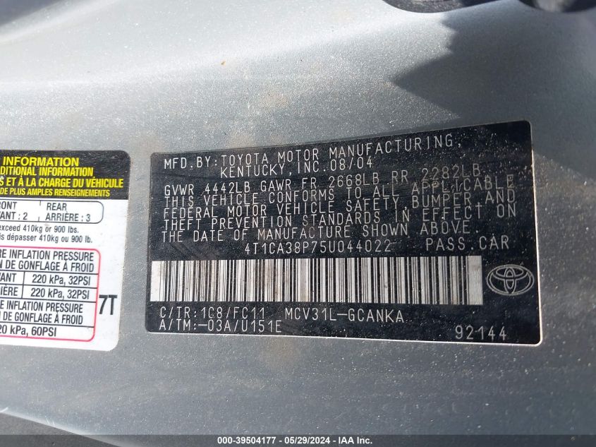 2005 Toyota Camry Solara Se Sport V6 VIN: 4T1CA38P75U044022 Lot: 39504177