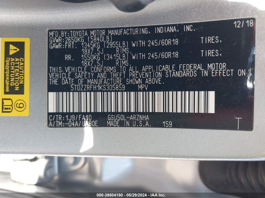 2019 Toyota Highlander Le Plus VIN: 5TDZZRFH1KS305859 Lot: 39504180