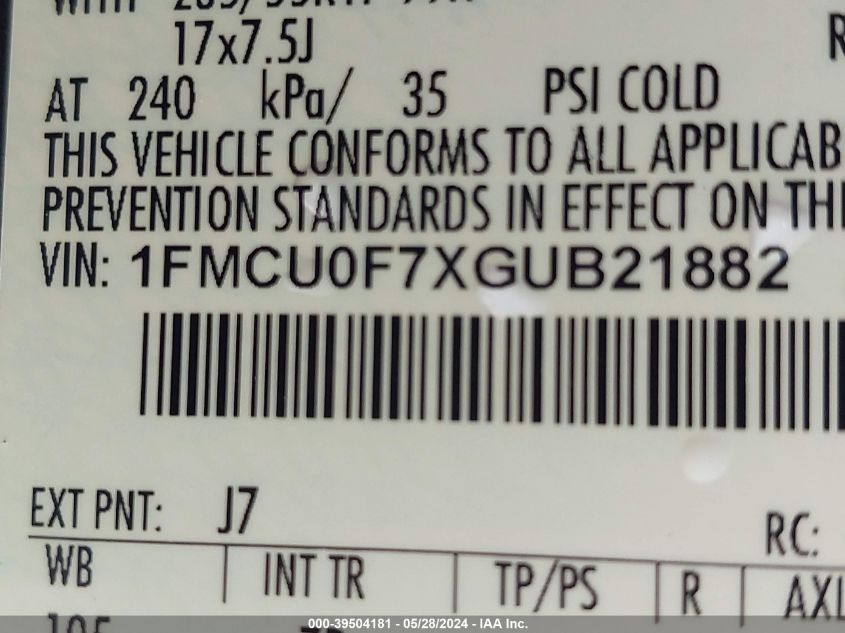 2016 Ford Escape S VIN: 1FMCU0F7XGUB21882 Lot: 39504181