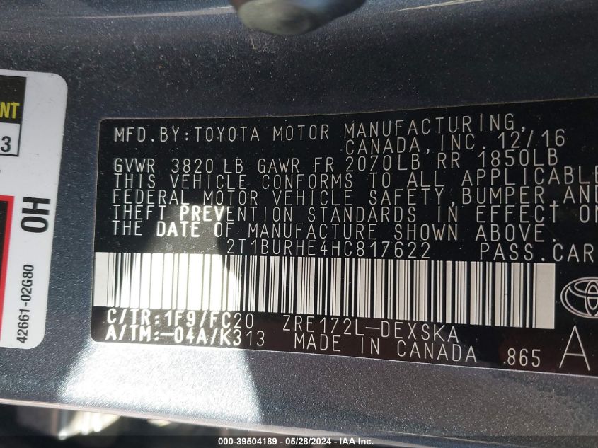 2017 Toyota Corolla Se VIN: 2T1BURHE4HC817622 Lot: 39504189