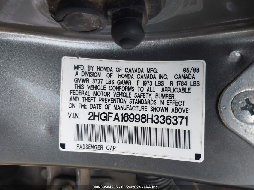 2008 Honda Civic Ex-L VIN: 2HGFA16998H336371 Lot: 39504205