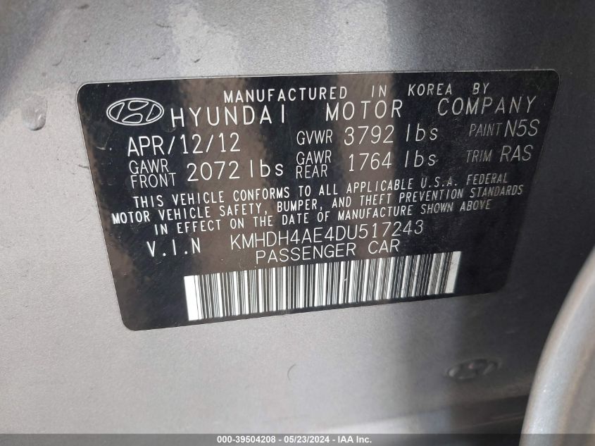 2013 Hyundai Elantra Gls VIN: KMHDH4AE4DU517243 Lot: 39504208