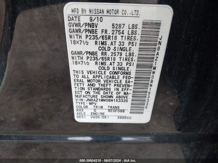 2011 Nissan Murano Sv VIN: JN8AZ1MW0BW153335 Lot: 39504210