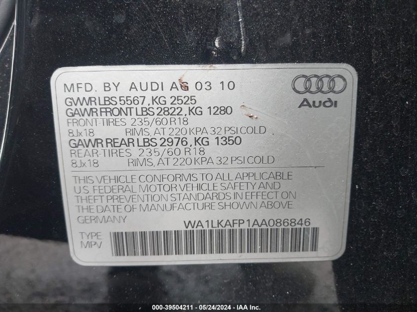 2010 Audi Q5 3.2 Premium VIN: WA1LKAFP1AA086846 Lot: 39504211