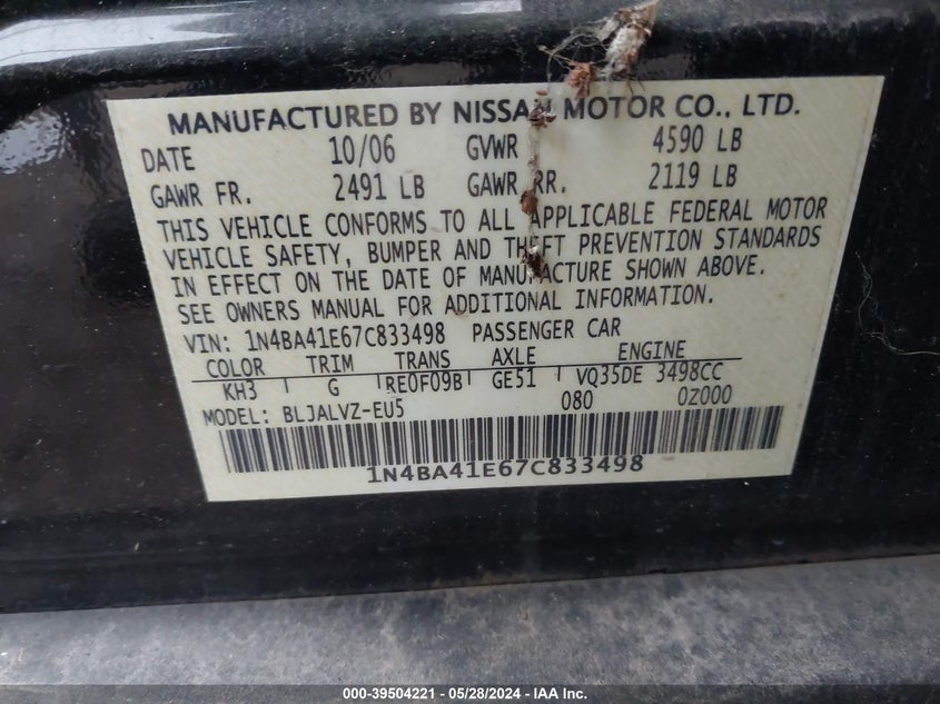 2007 Nissan Maxima 3.5 Se VIN: 1N4BA41E67C833498 Lot: 39504221